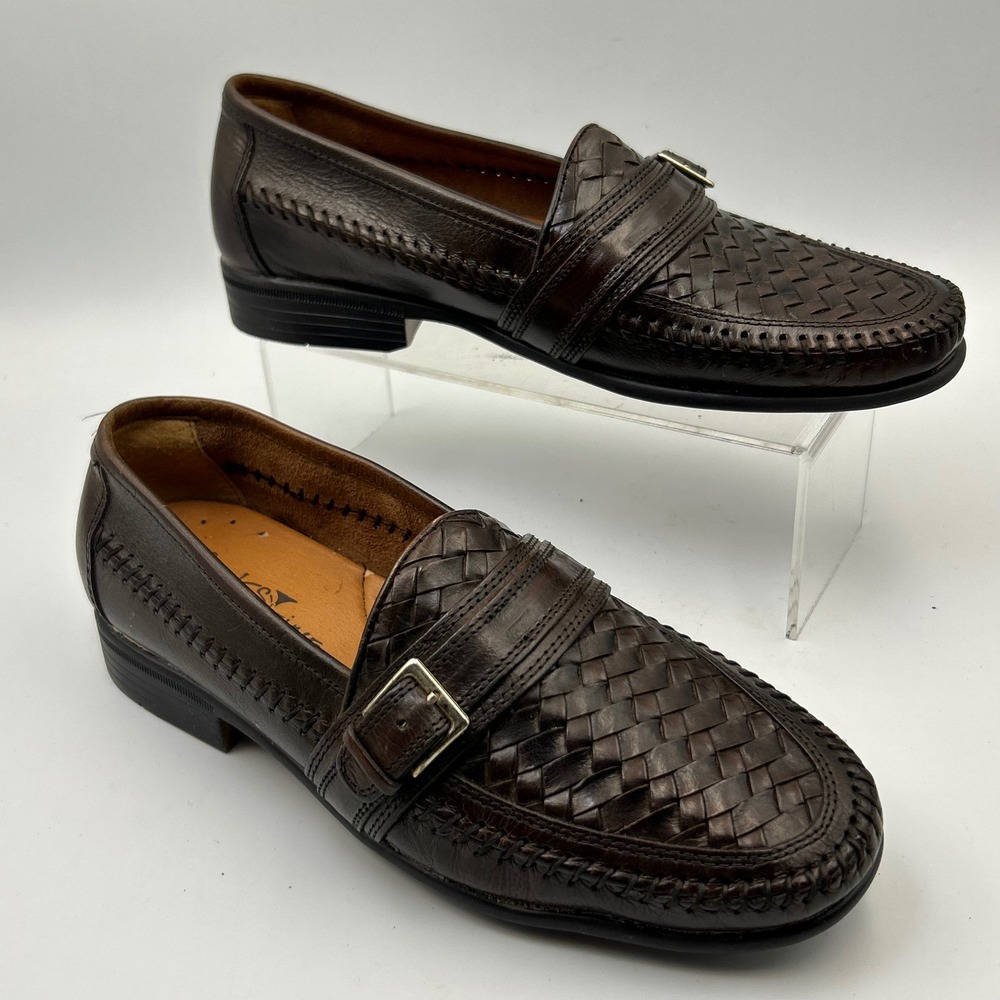 VTG French Shriner Loafers Mens 8M Brown Woven Leather Buckle Providence Classic